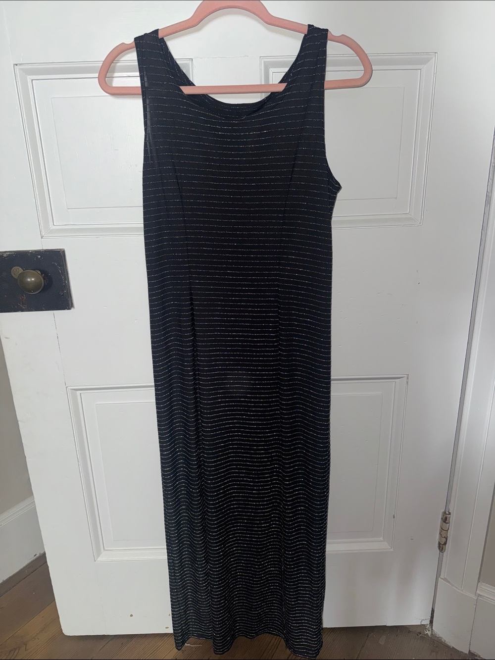 Sleek Black Maxi Dress with Subtle Silver Stripe Detail